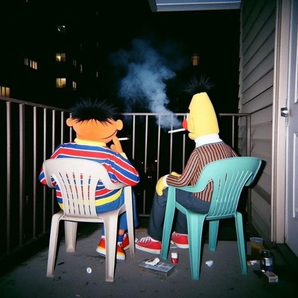 A creative photo of two Sesame Street characters, Ernie and Bert, sitting on plastic chairs on a balcony at night smoking cigarettes.