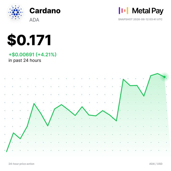The image shows a chart with a green line that represents the price of ada token, which has been trading for several hours. The line rises as time passes, indicating an upward trend in the market. At the same time, text in the image reveals that Cardano is a coin backed byADA and it has experienced a significant increase in value over the last 24h. This could be due to favorable market conditions or investor interest. The image also contains some information about the trading platform called "Metal Pay" which provides further insights into the crypto markets' activity, trends, and potential investment opportunities for users of this platform.