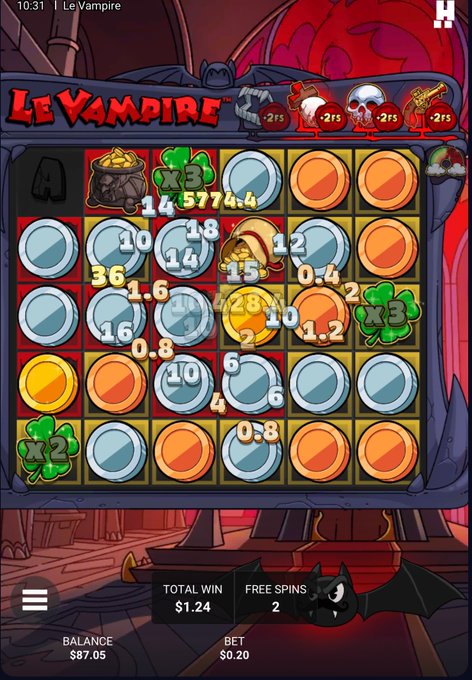 A screenshot of a mobile game called 'LE VAMPIRE' showing a grid with numbers, pots of gold, and clovers, with a balance of $87.05 and a total win of $1.24 displayed at the bottom.