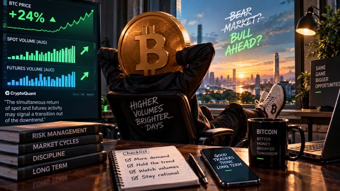 The image shows a stylized Bitcoin trading setup with a figure leaning back holding a large gold Bitcoin coin, with charts displaying "+24%" BTC price and rising "SPOT VOLUME (AUG)" and "FUTURES VOLUME (AUG)" bars, alongside text highlighting "BEAR MARKET? BULL AHEAD?", "HIGHER VOLUMES BRIGHTER DAYS," and a checklist including "More demand," "Hold the trend," "Watch volumes," and "Stay rational." It visually reinforces the post's message of Bitcoin's 24% surge combined with rebounding spot and futures volumes in August as a potential signal of an emerging bull market breakout from the downturn.