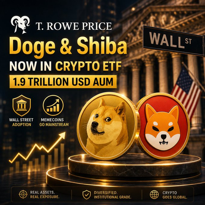 A promotional graphic for T. Rowe Price features Doge and Shiba Inu coins on a pedestal against a Wall Street background, advertising a crypto ETF with '1.9 TRILLION USD AUM'.