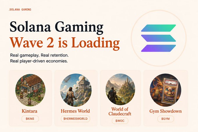 Solana Gaming Wave 2 is loading, featuring Kintara ($KINS), Hermes World ($HERMESWORLD), World of Claudecraft ($WOC), and Gym Showdown ($GYM). This image visually represents the upcoming wave of Solana gaming projects with "real gameplay" and "player-driven economies" as described in the post.
