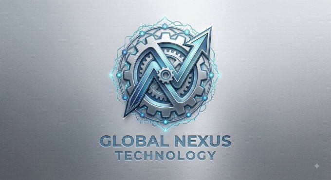 A logo for 'Global Nexus Technology' featuring a blue and silver gear design with an upward arrow on a metallic background.