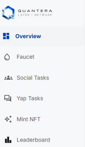 A mobile app interface for 'QUANTERA LAYER 1 NETWORK' showing menu options including Overview, Faucet, Social Tasks, Yap Tasks, Mint NFT, and Leaderboard.