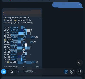 A dark-themed Telegram chat interface displays a list of known groups for account 1, including entries like "07:03 CLAUDE," "07:24 OTC <3," "05:24 Ramble," and "13 Aug 11MN TT," with dates ranging from July to September. The message input field shows "1 message..." and the post explains this is from a third-party index used to map a public X identity to a Telegram stable ID to trace the account's public statements and associated groups.