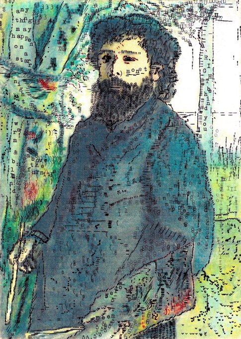 An artistic mixed-media portrait of a bearded figure with the word 'mort' overlaid, set against a background filled with printed text and splashes of color.