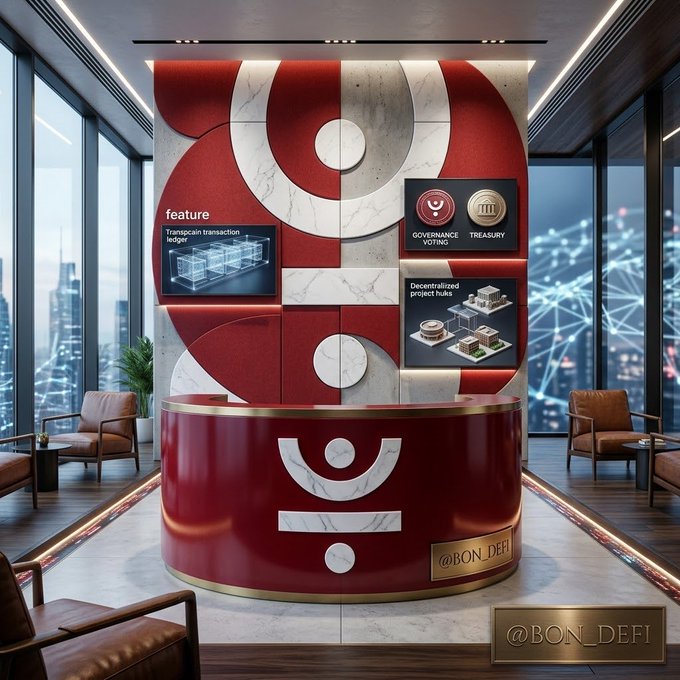 An interior view of a modern red and white branded lounge or display area featuring "GOVERNANCE VOTING" and "TREASURY" icons, with screens showing a "Transpochain transaction report" and "Decentralized project hubs", watermarked @BON_DEFI.