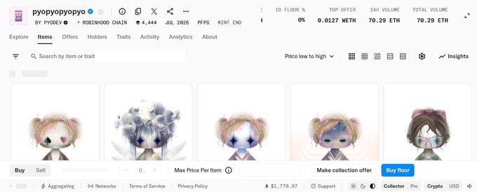 A NFT marketplace listing for the 'pyopyopyo' collection on the Robinhood Chain, showing statistics like 1D floor price, top offer, and 24H volume, with several cartoon-style character NFT images displayed below.