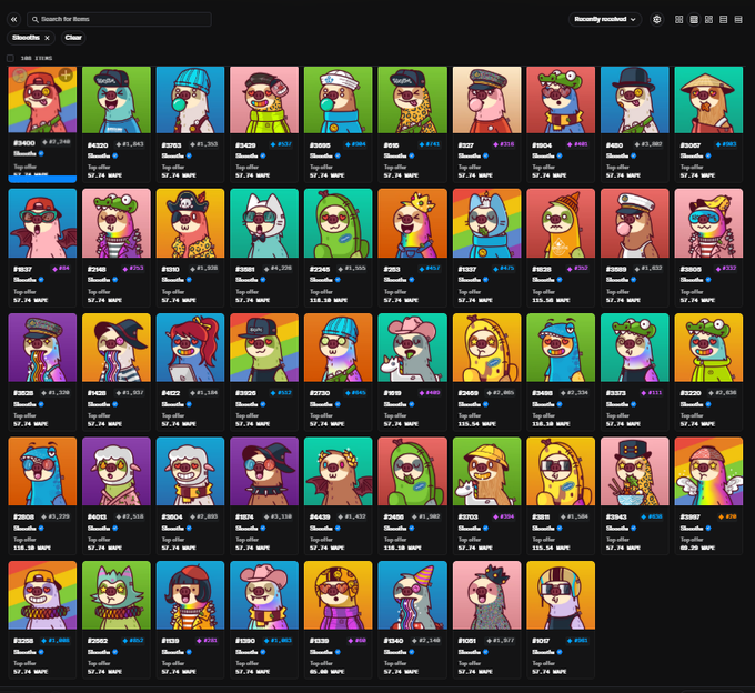 A screenshot of an NFT marketplace gallery displaying a collection called "Ghoulie," showing a grid of colorful cartoon sloth-like characters with various accessories, each labeled with a token ID (e.g., #5400, #5420, #5703), a price in WAXP, and "Top offer" values in WAX. The top left displays a "1000 items" indicator, and the top right shows "Recently minted" filter.