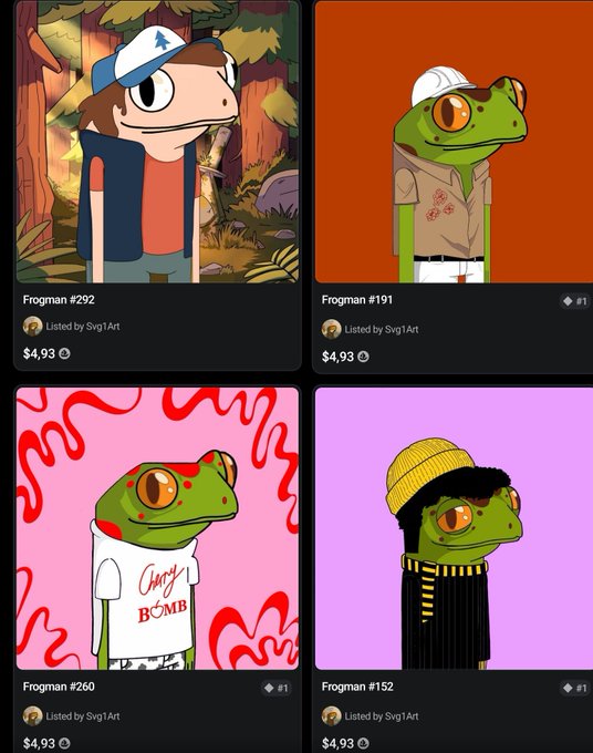 A screenshot displaying four NFT listings titled 'Frogman #292', 'Frogman #191', 'Frogman #260', and 'Frogman #152' listed by 'Svg1Art' for 'Ξ4.93' each.