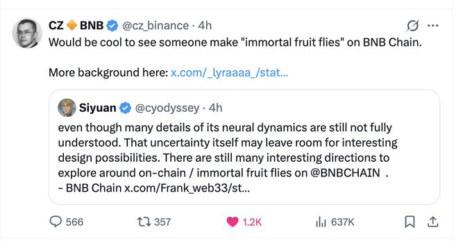 A screenshot of a tweet from CZ (CZ BNB) (@cz_binance) commenting on 'immortal fruit flies' on BNB Chain, quoting a tweet by Siyuan (@cyodyssey) about neural dynamics.