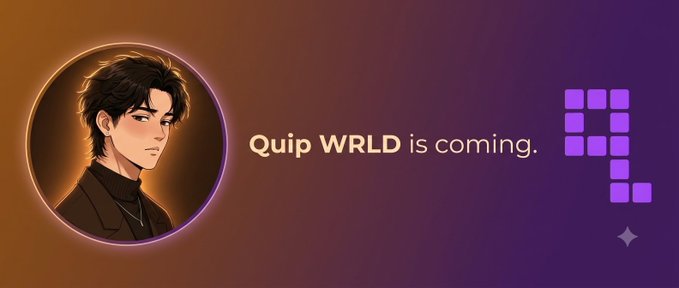 A stylized anime portrait of a dark-haired young man in a circular frame appears on the left, alongside the announcement "Quip WRLD is coming." with a purple block-style question mark on the right, teasing the upcoming launch and a potential 10M $PHYS airdrop for those who prepare their accounts in advance.