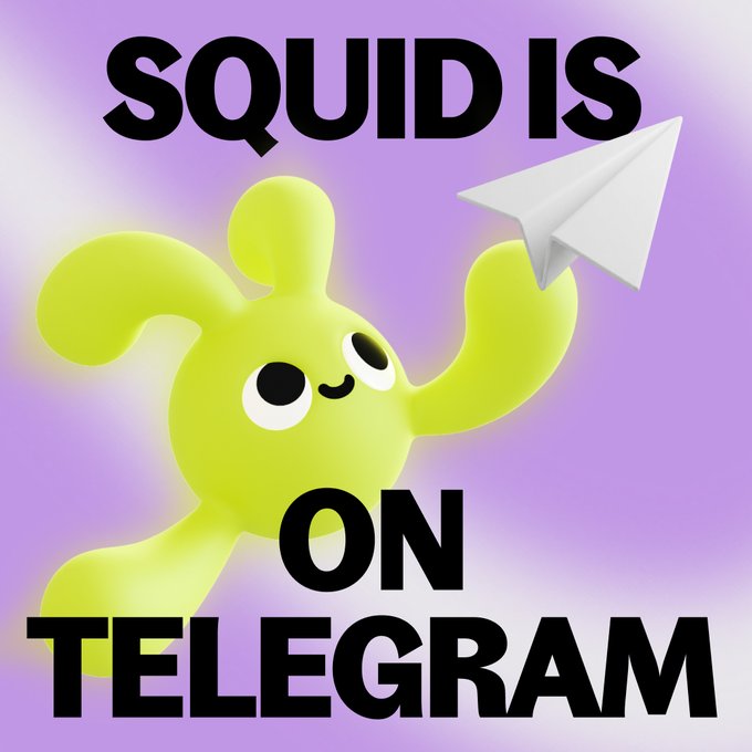 A cheerful green cartoon squid with a smiling face floats against a purple gradient background, holding the white Telegram paper airplane logo in one of its tentacles. Bold black text surrounds the mascot, reading "SQUID IS ON TELEGRAM," announcing the platform's official presence on the messaging app.