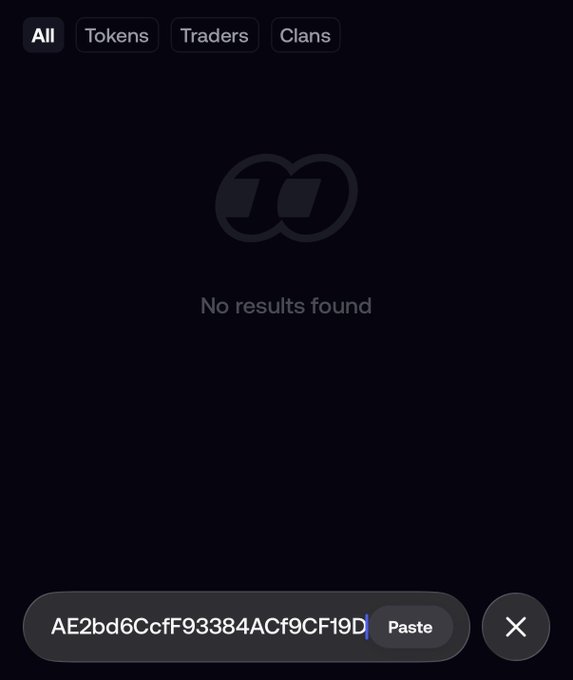 A dark search interface with a 'No results found' message, filtering options for 'All', 'Tokens', 'Traders', and 'Clans', and an address 'AE2bd6CcfF93384ACf9Cf19D' entered in the search bar.
