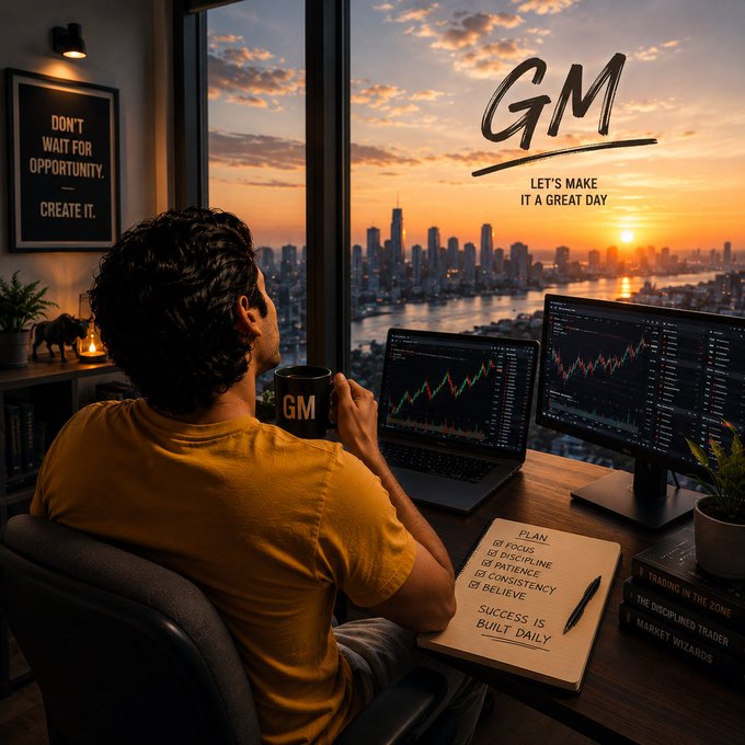 An illustration of a man in a yellow shirt sitting at a desk with multiple screens showing trading charts, overlooking a city skyline at sunset with the handwritten text 'GM - LET'S MAKE IT A GREAT DAY' and a checklist including 'FOCUS', 'DISCIPLINE', 'PATIENCE', 'CONSISTENCY', and 'BELIEVE'.