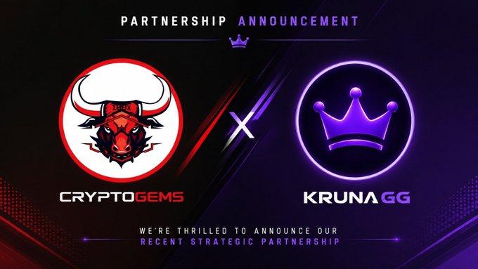 A promotional graphic announcing a 'PARTNERSHIP ANNOUNCEMENT' between CryptoGems, featuring a red bull logo, and KrunaGG, featuring a purple crown logo, with the message 'We're thrilled to announce our recent strategic partnership.'