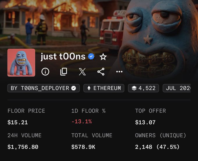 A screenshot of an NFT collection page titled 'just t00ns' on the Ethereum blockchain, showing a floor price of $15.21, a 24H volume of $1,756.80, and a total volume of $578.9K, with a background featuring a creepy blue monster and a house fire.