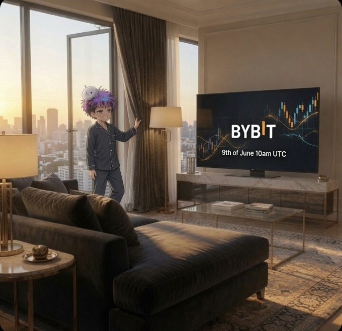 The image shows a man standing in front of a television, wearing pajamas and holding a remote control. The TV screen displays information about an upcoming Bybit IPO event that takes place on June 9th at 9:00 AM UTC. The room has a couch against one wall and a coffee table nearby.