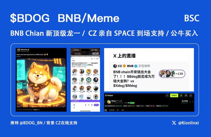 A promotional graphic for '$BDOG BNB/Meme' on BSC (BNB Chain), featuring an animated dog character, screenshots of X (Twitter) posts by CZ, and Chinese text about the meme coin.