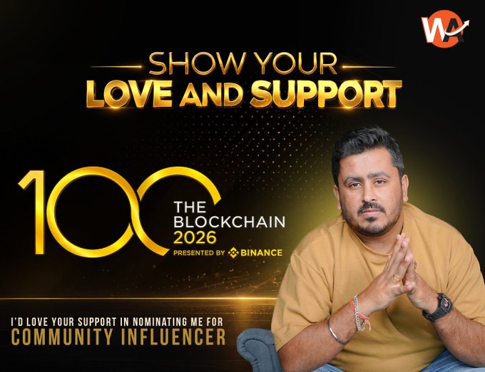 A man in a yellow shirt sits with hands clasped in a namaste gesture, featured in a promotional graphic for "The Blockchain 100 2026" awards presented by Binance, asking viewers to nominate him for "Community Influencer" with the headline "Show Your Love and Support." The image aligns with the accompanying post's urgent request to support his nomination for Community Influencer of the Year before the deadline closes.