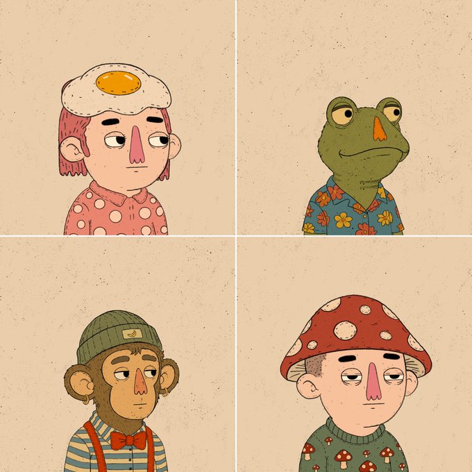 A four-panel illustration showcasing quirky characters with a food theme: a person with a fried egg on their head, a frog in a floral shirt, a monkey in a beanie and bow tie, and a person wearing a mushroom cap. The whimsical, doodle-style art complements the post's playful tone about creating fun, silly characters, with "GM" serving as a casual crypto/Twitter greeting.