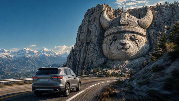 A silver SUV drives along a mountain road past a massive rock carving of a Viking-style bear head wearing a horned helmet, set against snow-capped peaks under a blue sky.