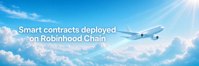 A banner image with white text reading 'Smart contracts deployed on Robinhood Chain' over a background of a plane flying through a cloudy blue sky.