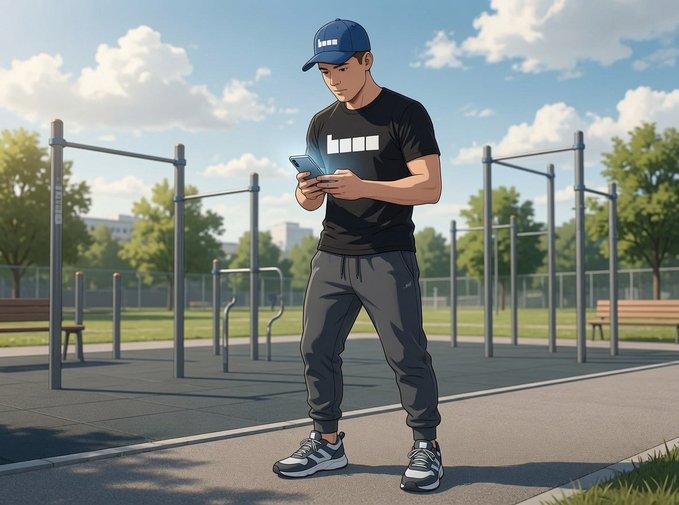 The image features a man wearing a baseball cap standing outside of an exercise area, looking at his cell phone while holding onto a piece of paper or a book. The scene takes place outdoors with several benches nearby, indicating that this might be a park or a similar public space for people to relax and work out.