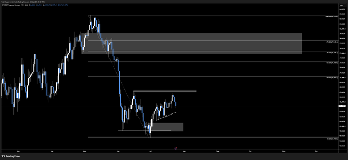 A TradingView candlestick chart for BTC/USD displays Bitcoin's price action, highlighting a descending wedge pattern (marked by converging trendlines) near a key support zone around the $59-60k area, with a highlighted gray resistance zone above near $70-73k that aligns with the trader's plan to look for weakness signs if price breaks higher.
