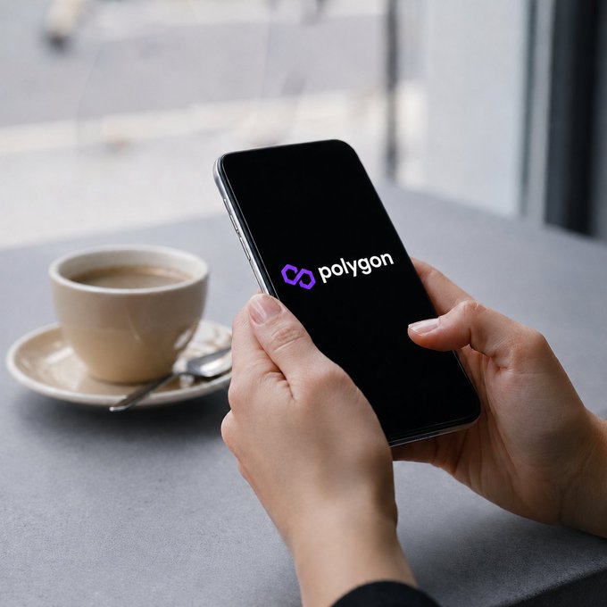 A person holds a smartphone displaying the Polygon logo on a cafe table beside a cup of coffee, visually anchoring the post's focus on Polygon's ($POL) sustained network activity and real-world utility. The relaxed, everyday setting reflects the post's tone of patient confidence in Polygon's long-term fundamentals over short-term price action.