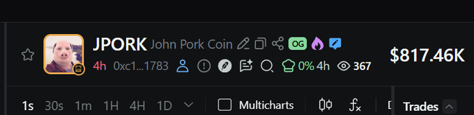 A screenshot of the JPORK (John Pork Coin) token page shows a price of $817.46K, 0% 4‑hour change and 367 viewers, highlighting the sudden “milly runner” surge described in the post.