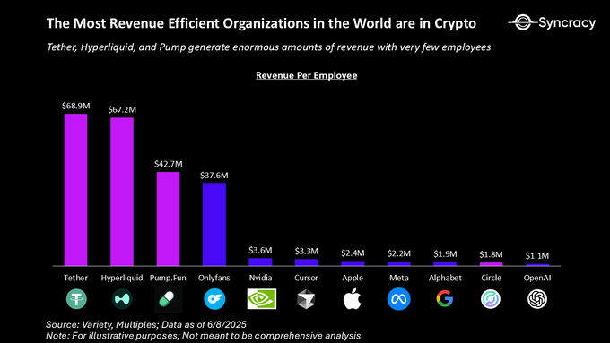 The image presents a graph showcasing the top 3 most revenue-efficient companies built on-chain. The vertical axis of the bar chart represents revenue generated by these companies, with each company's name positioned next to its corresponding revenue amount. The horizontal axis displays names of those companies in order of their revenue efficiency, starting from 'Tether' at the top and ending with 'Pump Fun'. The other two companies are 'Hyper Liquid' and 'Pump'.