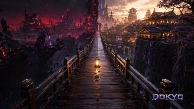 A fantasy digital art landscape featuring a wooden bridge with a lantern leading toward a Japanese-style castle, contrasted with a dark, futuristic red-lit city on the other side, with 'DOKYO' watermark in the corner.