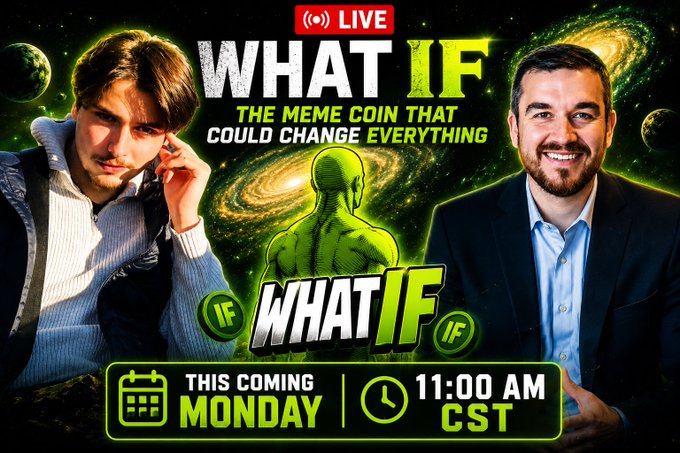 A promotional graphic for a live stream titled "What If: The Meme Coin That Could Change Everything," featuring two men against a cosmic background with the "WhatIf" logo and text announcing the broadcast at 11:00 AM CST on Monday. The image aligns with the post announcing a live session with @CryptoArchieYT, likely featuring him or promoting the meme coin project discussed during the stream.