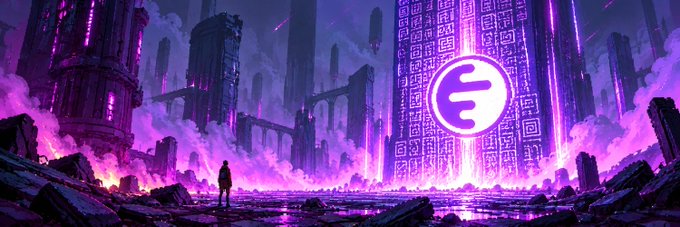 A digital artwork of a futuristic purple cyberpunk cityscape with a large circular logo in the center, featuring a lone figure standing in the foreground.