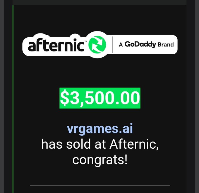 The image displays an Afternic (a GoDaddy Brand) sale notification showing vrgames.ai sold for $3,500.00 with a congratulatory message. The post references the seller's biggest sale yet while noting that Virtualgames.ai is still available, though the image actually depicts the sold domain "vrgames.ai" rather than the available one mentioned in the caption.