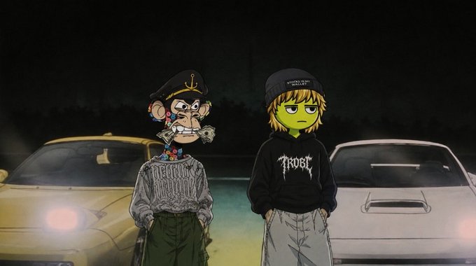 An illustrated cartoon features two characters standing between two cars at night - one wearing a black beanie and a sweatshirt with 'FROST' written on it, the other in a patterned sweater and captain's hat, holding cash.