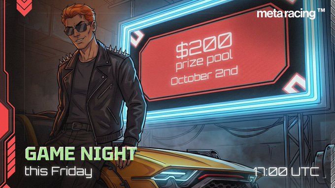 A stylized promotional graphic for MetaRacing's "GAME NIGHT" featuring a confident red-haired man in sunglasses and a spiked leather jacket standing beside a futuristic yellow sports car. The image highlights a "$200 prize pool" on October 2nd at 17:00 UTC, matching the Discord event announcement for MetaRacing's upcoming tournament.
