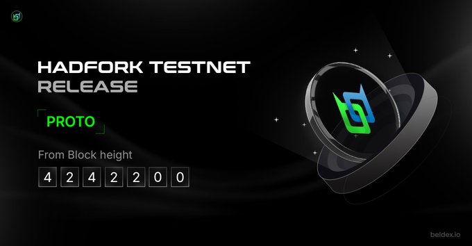 Promotional graphic for the 'HADFORK TESTNET RELEASE' on the Proto network, indicating activation from Block height 4242200, with the beldex.io logo in the bottom corner.