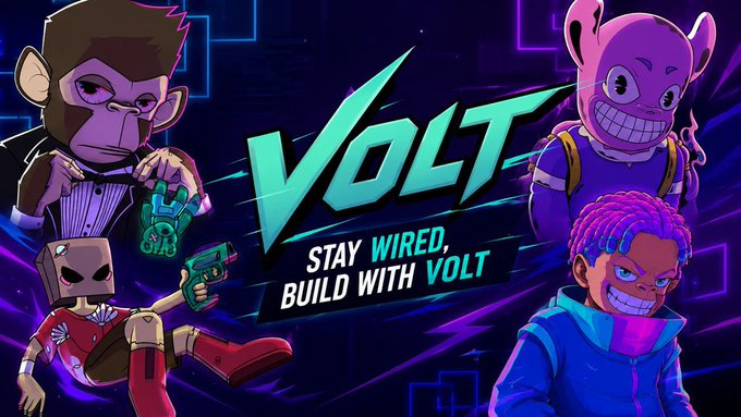 A colorful promotional banner displays the word 'VOLT' with the tagline 'STAY WIRED, BUILD WITH VOLT,' surrounded by cartoon characters including a monkey in a suit, a purple devil, and a robot.