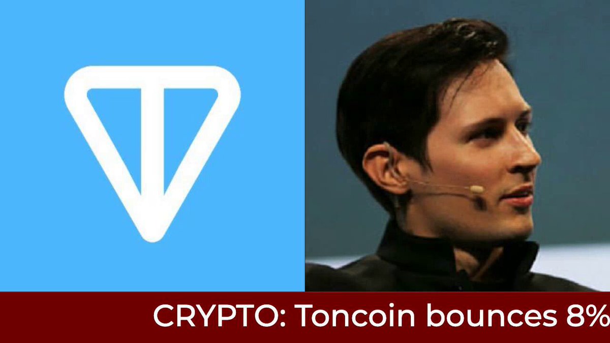The image features a man wearing a microphone, likely at an event or conference where he is speaking. In the background behind him, there is a blue square sign with the "TONCOIN" logo displayed. The text "CRYPT: Toncoin bounces 8% on its Gram rebrand", along with the number "8%", suggests that this is related to cryptocurrency and the TON coin in particular. The post also mentions the man's name, which could be an indication of his affiliation or role at the event.