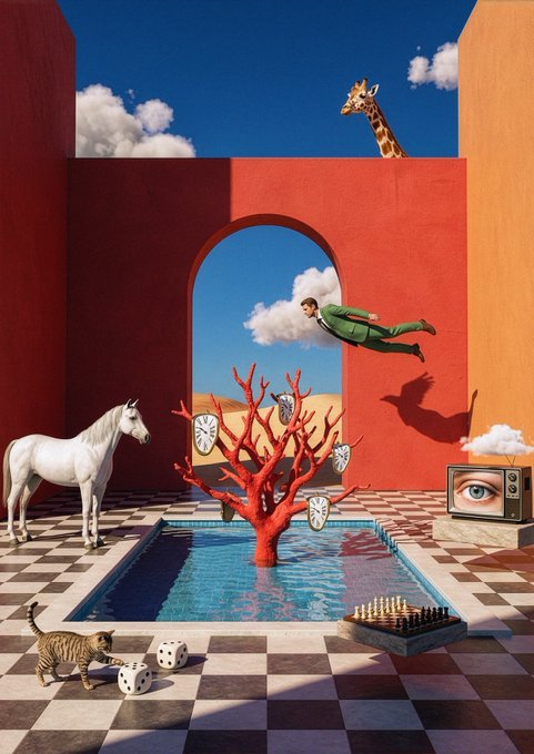 A surrealist artwork featuring a man in a green suit flying through a red archway, a giraffe's head on a roof, a white horse, a red coral tree in a pool, a cat with dice, and a TV displaying an eye.