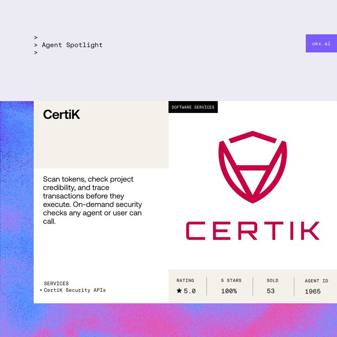 The image shows an "Agent Spotlight" feature for CertiK on okx.ai, displaying a 5.0 star rating with 53 sold under the "Software Services" category, along with the text: "Scan tokens, check project credibility, and trace transactions before they execute. On-demand security checks any agent or user can call." This visually reinforces the post's announcement of CertiK's security intelligence APIs becoming callable for agents on Wallet's okx.ai platform.