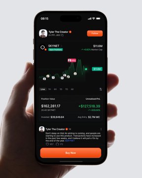 A hand holds a smartphone displaying a cryptocurrency trading app showing 'SKYNET' at $11.84, with an 'Earnings' profile for 'Tyler The Creator' at the top.