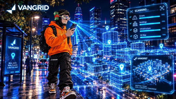 A cyberpunk-style advertisement for 'VANGRID' showing a person in an orange hoodie and VR-style glasses interacting with a holographic blue city map interface, with scanning progress bars visible on the right.