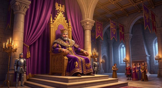 Illustrated scene of a crowned king in purple and gold robes sitting on an ornate golden throne in a grand stone hall with purple drapery and heraldic banners, flanked by armored guards and courtiers.