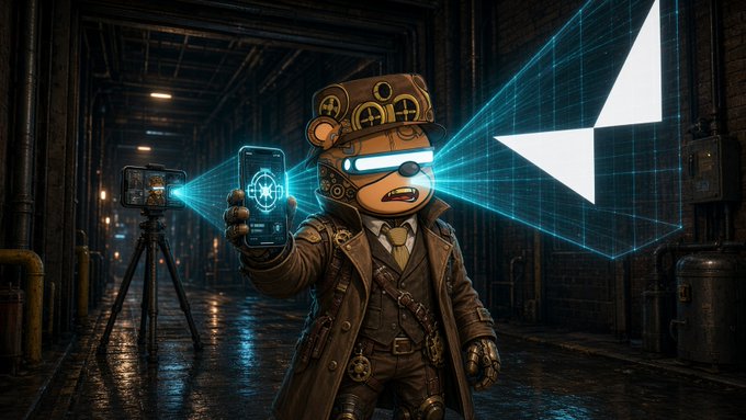 A steampunk-style bear character wearing a hat and coat holds a glowing device emitting blue holographic light, standing in an industrial corridor, with a camera on a tripod in the background.