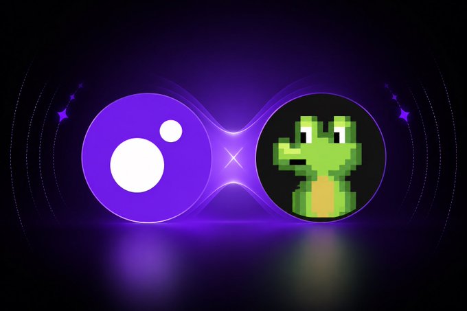 A glowing purple logo featuring two circles connected in the middle, with the right circle containing a pixelated green dinosaur or lizard character.