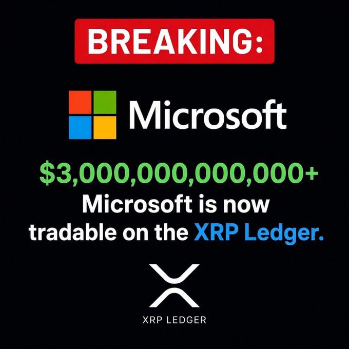 A fake 'BREAKING' news graphic claiming that Microsoft is now tradable on the XRP Ledger with a market value of $3,000,000,000+.