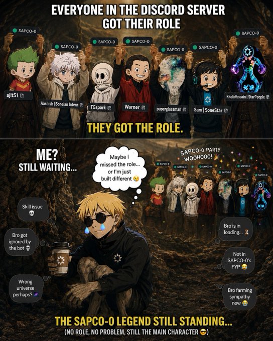 The image is a Soneium-themed meme showing Discord users celebrating their SAPCO-0 roles on top, while the poster sits alone in the corner crying, humorously captioned "THE SAPCO-0 LEGEND STILL STANDING... (NO ROLE, NO PROBLEM, STILL THE MAIN CHARACTER)," perfectly matching the self-deprecating post about missing the role while everyone else celebrates.
